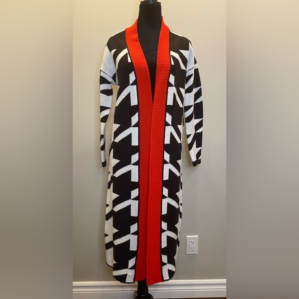Houndstooth long knit duster cardigan